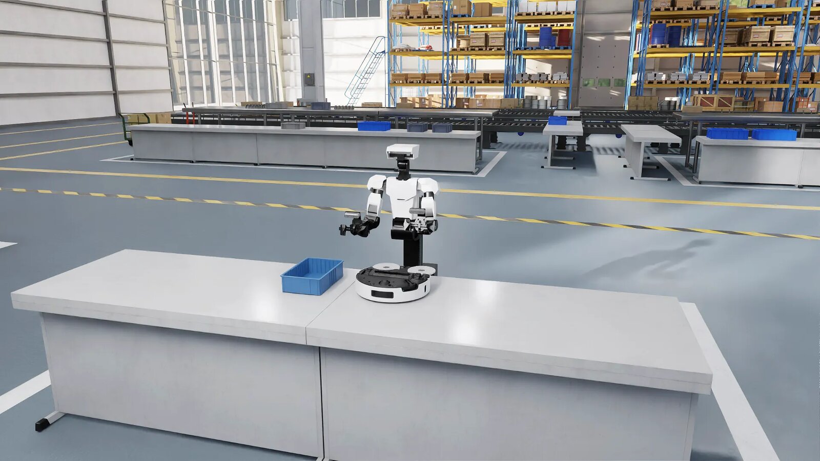 Offizielle Lightwheel-Website: Humanoider Roboter in simulierter Lagerumgebung
